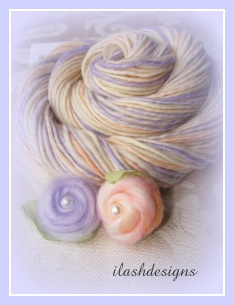 handspun yarn, wool flowers, wool roses, handspun superwash merino, thick and thin yarn, embellishments, peach, violet, ivory yarn, ilashdesigns